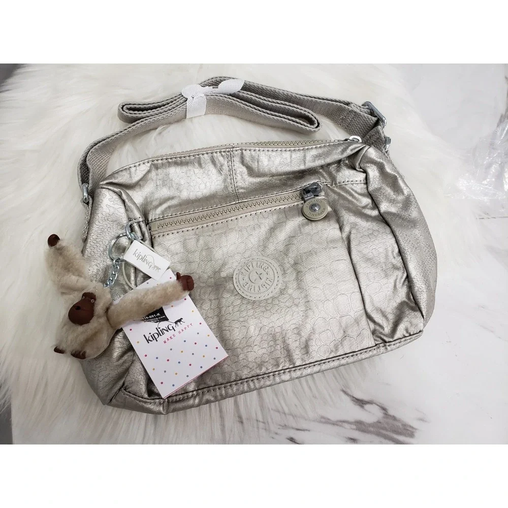 NEW Kipling Wes Metallic Crossbody Bag  HB6556 SILVER BEIGE SNAKE purse travel